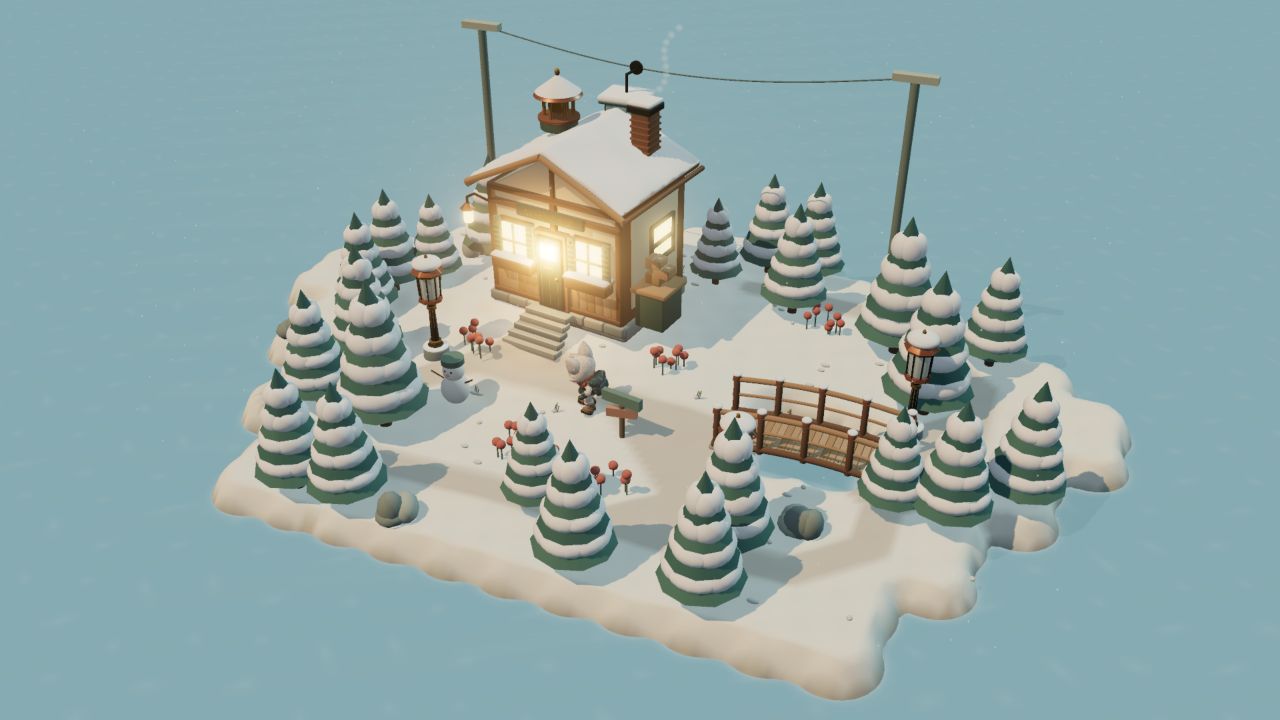 Snowbell’s alpine valley with snowy pines, a post house, and its fox courier